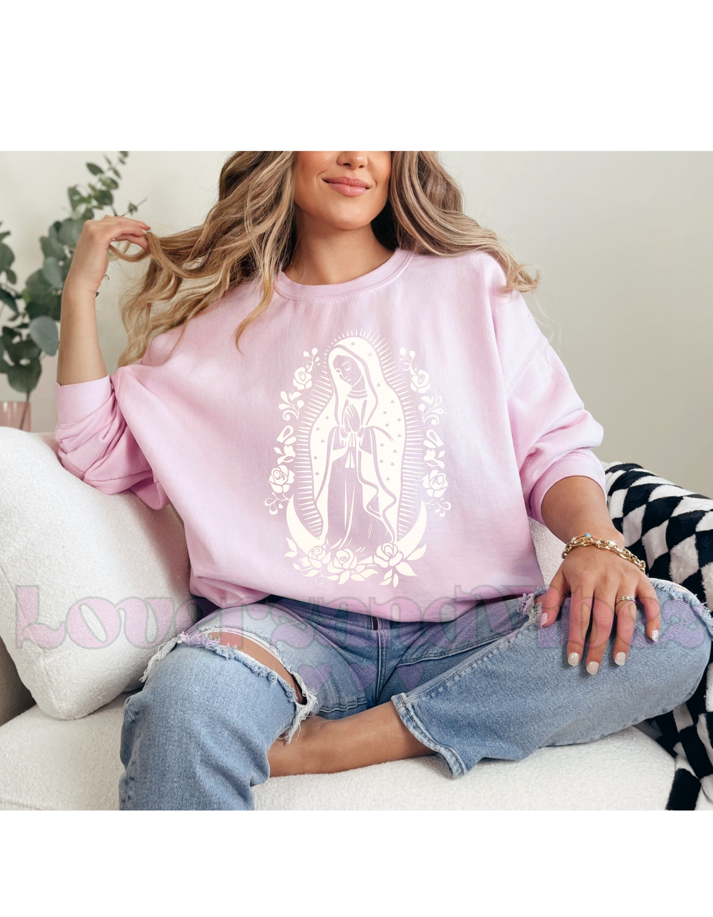 White Virgin Mary Crewneck Design