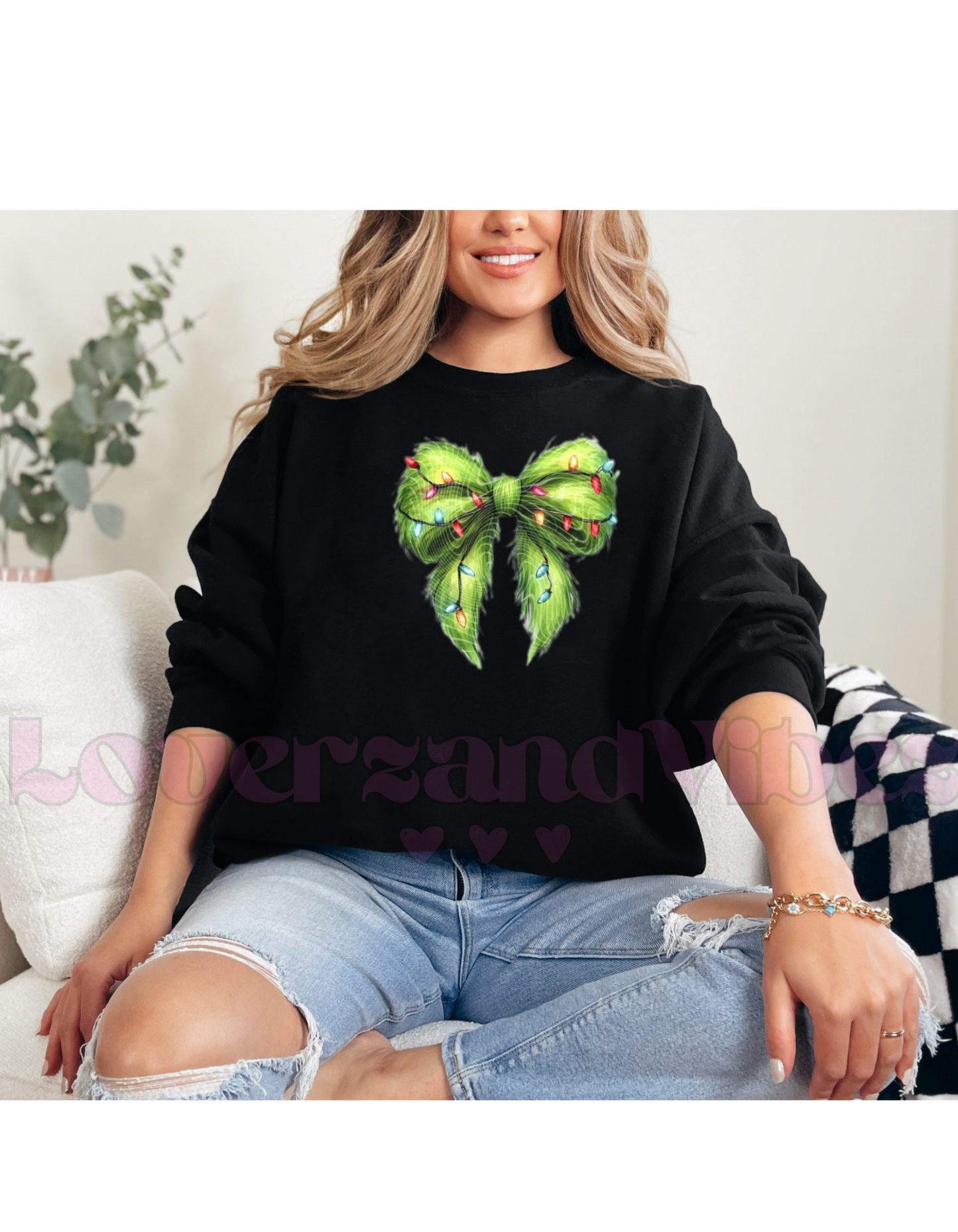 Green Bow Christmas Lights Crewneck