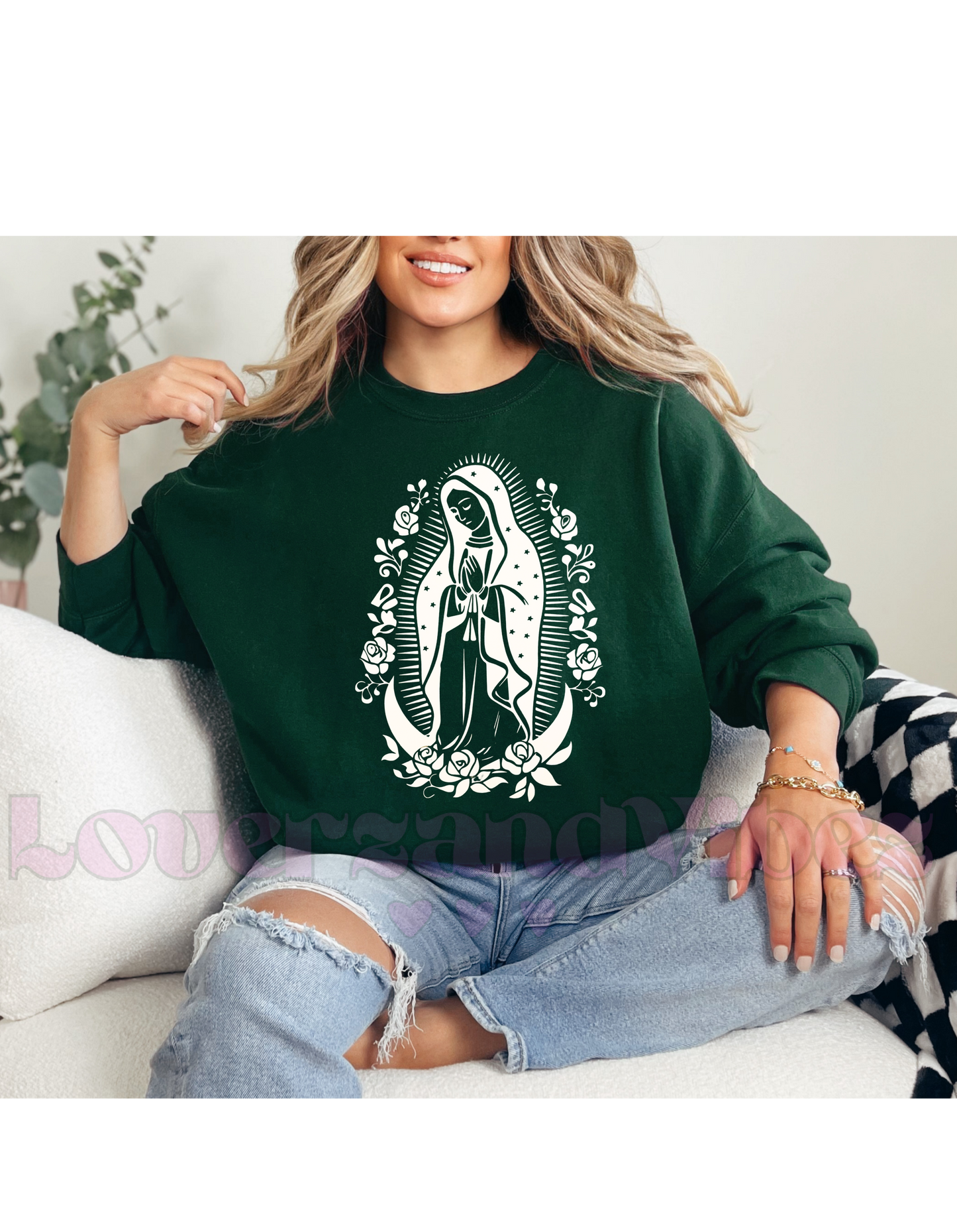 White Virgin Mary Crewneck Design